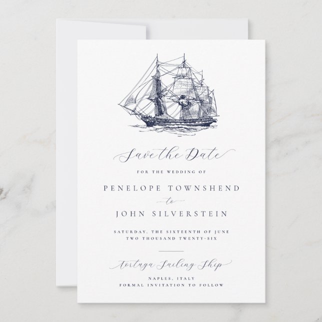 Elegant Minimal Nautical Ship Illustration Wedding Save The Date (Front)