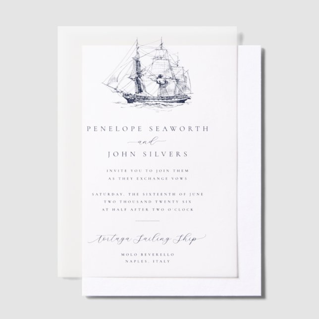 Elegant Minimal Nautical Ship Illustration Wedding Vellum Invitations (Offset)