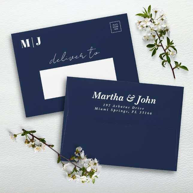 Elegant Minimal Navy Blue Wedding Invitation Envelope (Elegant navy blue invitation envelope adds timeless style to your wedding stationery.)