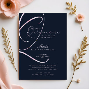 Elegant Minimal Navy & Pink Script Quinceañera Invitation