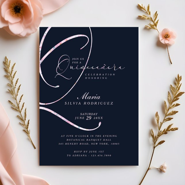 Elegant Minimal Navy & Pink Script Quinceañera Invitation (Elegant Minimal Navy & Pink Script Quinceañera Invitation)