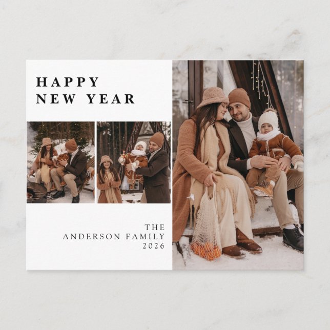 Elegant Minimal New Year Cheers Family 3 Photo Holiday Postcard (Front)
