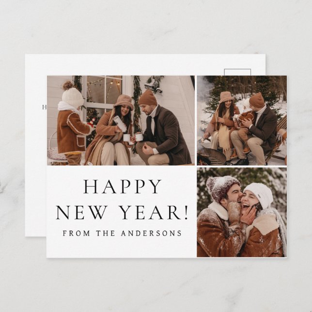 Elegant Minimal New Year Cheers Family 3 Photo Holiday Postcard (Front/Back)