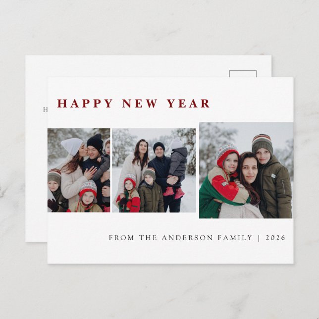 Elegant Minimal New Year Cheers Family 3 Photo Holiday Postcard (Front/Back)
