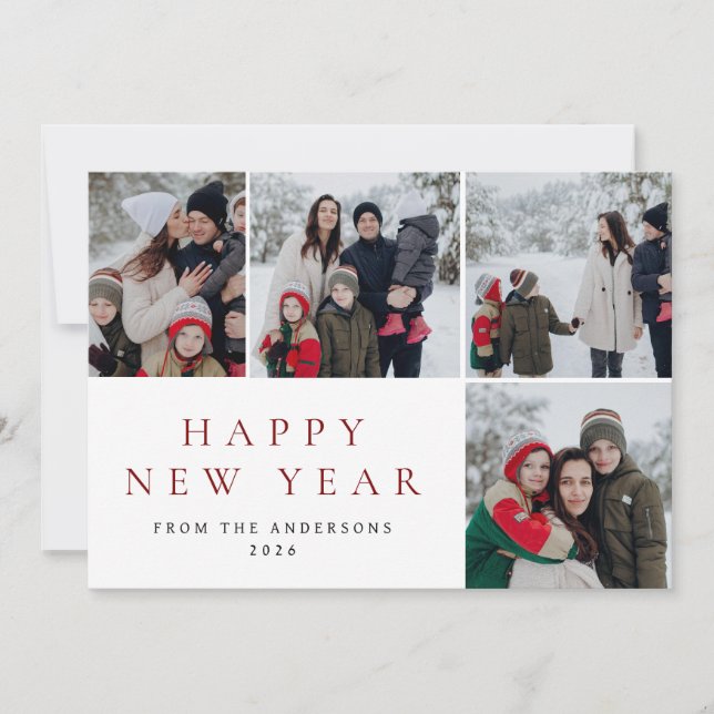 Elegant Minimal New Year Cheers Family 4 Photo Holiday Card (Front)