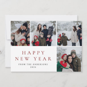 Elegant Minimal New Year Cheers Family 4 Photo Holiday Card