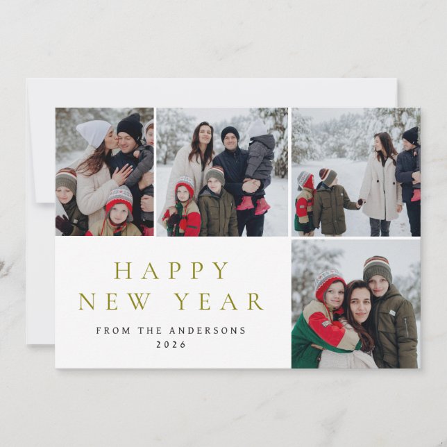Elegant Minimal New Year Cheers Family 4 Photo Holiday Card (Front)