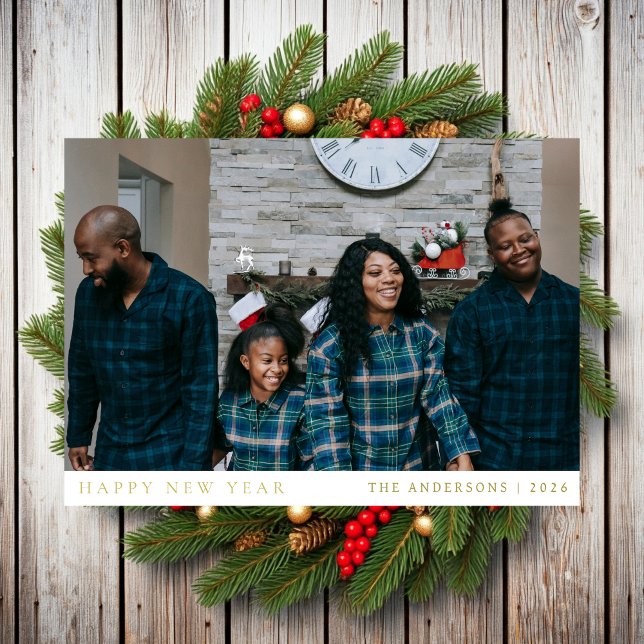 Elegant Minimal New Year Cheers Family Photo Holiday Card (Creator Uploaded)