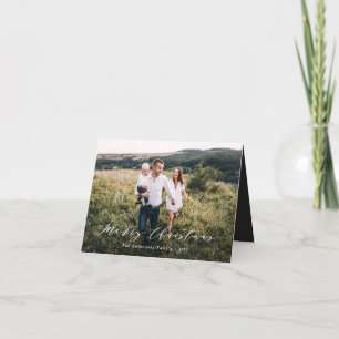 Elegant minimal photo Christmas script black white Holiday Card