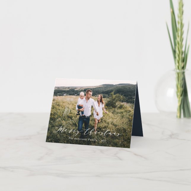Elegant minimal photo Christmas script navy blue Holiday Card (Front)