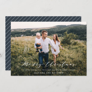 Elegant minimal photo Christmas script navy blue Holiday Card