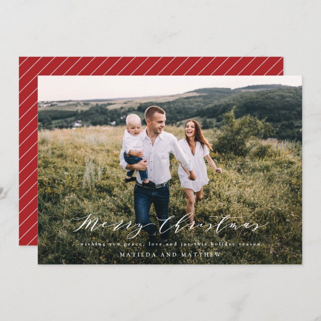 Elegant minimal photo Christmas script red Holiday Card (Front/Back)