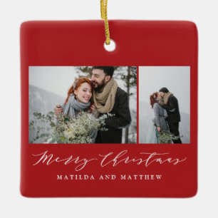 Elegant minimal photo collage christmas script  ceramic ornament