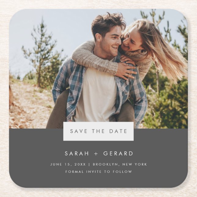 Elegant Minimal Photo Wedding Save the Date Square Paper Coaster (Front)