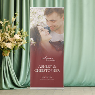 Elegant Minimal Photo Welcome Crimson Red Wedding Retractable Banner