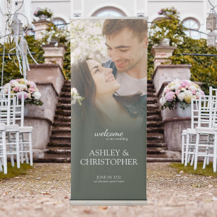 Elegant Minimal Photo Welcome Moss Green Wedding Retractable Banner