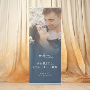 Elegant Minimal Photo Welcome Navy Blue Wedding Retractable Banner