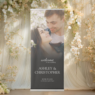 Elegant Minimal Photo Welcome Smoke Black Wedding Retractable Banner