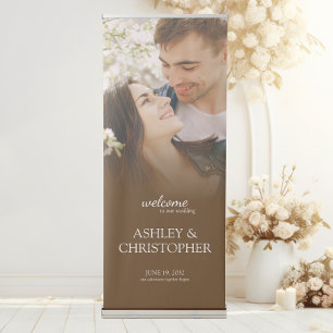 Elegant Minimal Photo Welcome Walnut Brown Wedding Retractable Banner