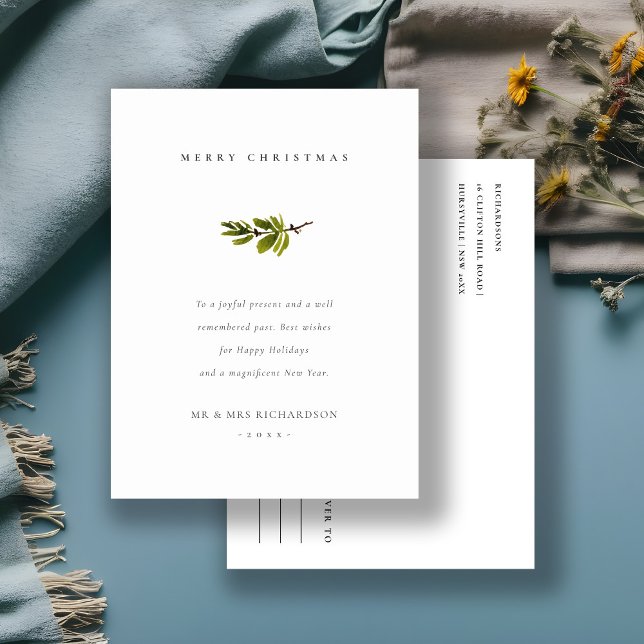 Elegant Minimal Pine Branch Merry Christmas Holiday Postcard (Creator Uploaded)