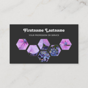 Elegant minimal pink blossoms on grey hexagons business card