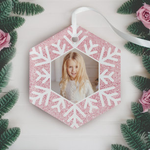 Elegant Minimal Pink Glitter Snowflake Photo Glass Tree Decoration