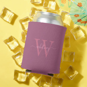 Elegant Minimal Pink Monogram Name + Initial Can Cooler