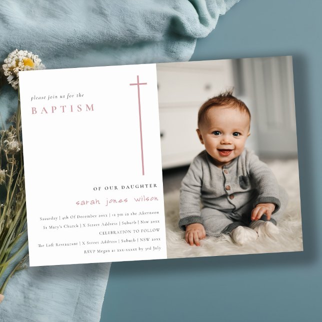 Elegant Minimal Pink Typography Photo Baptism Invitation (Creator Uploaded)
