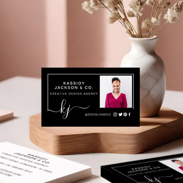 Elegant Minimal Professional Photo Script Monogram Business Card (Minimal Stylish Script Monogram Frame Photo Black Business Card Front)