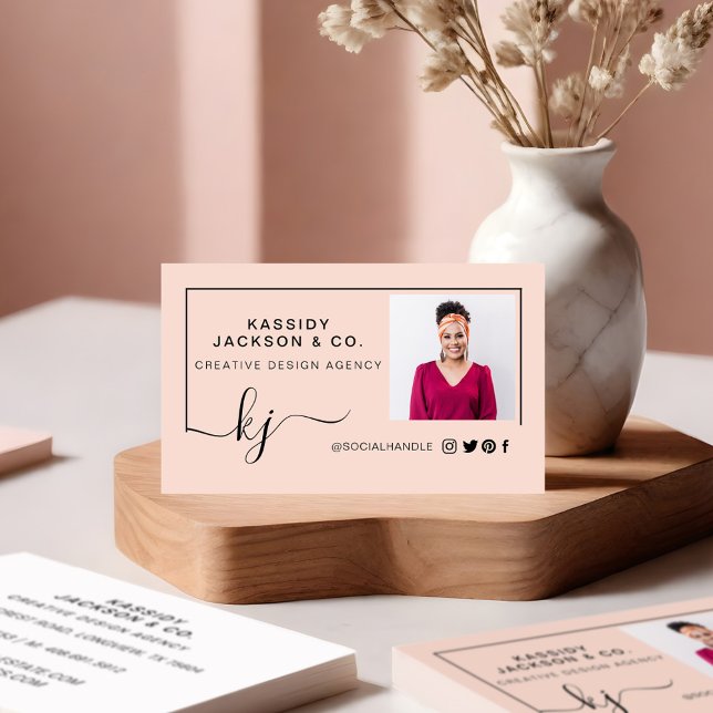 Elegant Minimal Professional Photo Script Monogram Business Card (Minimal Stylish Script Monogram Frame Photo Pink Business Card Front)