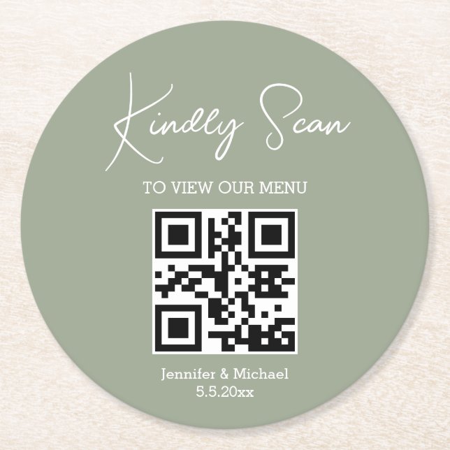 elegant minimal qr code wedding menu green white round paper coaster (Front)