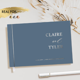 Elegant, Minimal Real Foil and Blue Wedding Guest Book