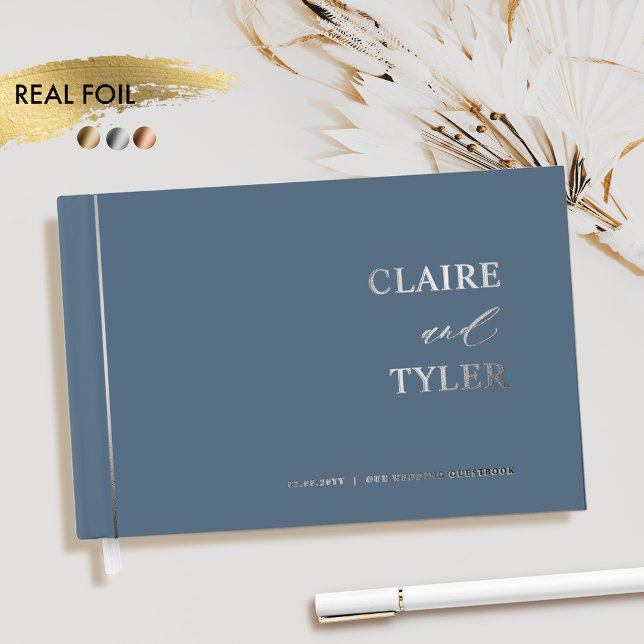 Elegant, Minimal Real Foil and Blue Wedding Guest Book (Creator Uploaded)