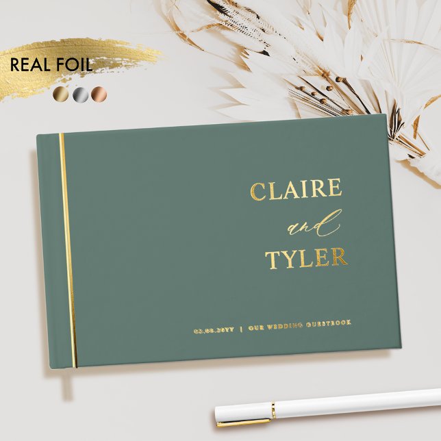 Elegant, Minimal Real Foil and Deep Green Wedding Guest Book (Creator Uploaded)