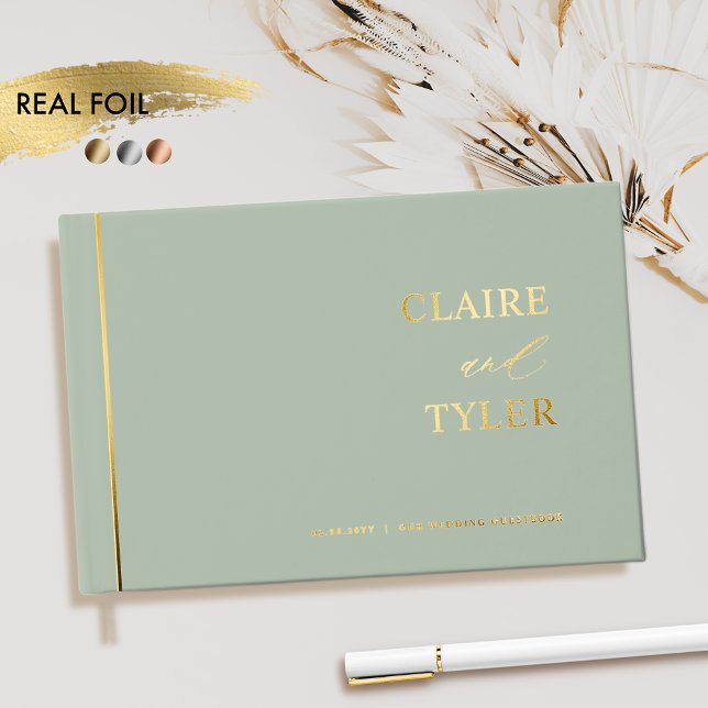 Elegant, Minimal Real Foil and Pale Green Wedding Guest Book (Creator Uploaded)