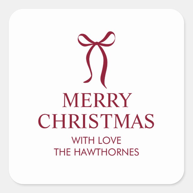Elegant Minimal Red Bow Merry Christmas Square Sticker (Front)