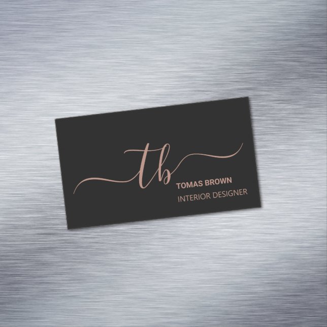 Elegant minimal rose gold black monogram initials 	Magnetic business card (In Situ)