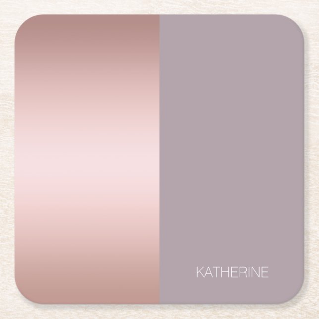 Elegant & minimal rose gold & purple colour block square paper coaster (Front)