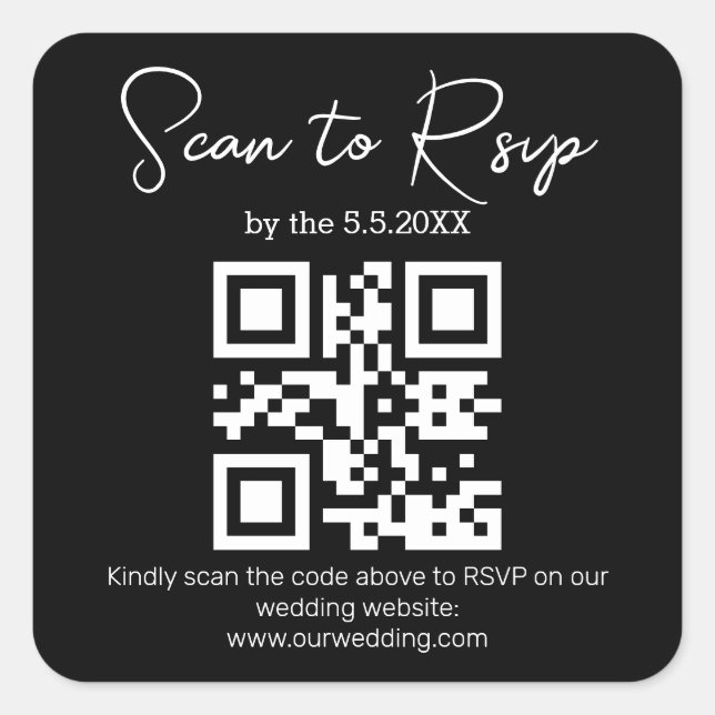elegant minimal rsvp qr code wedding black white square sticker (Front)