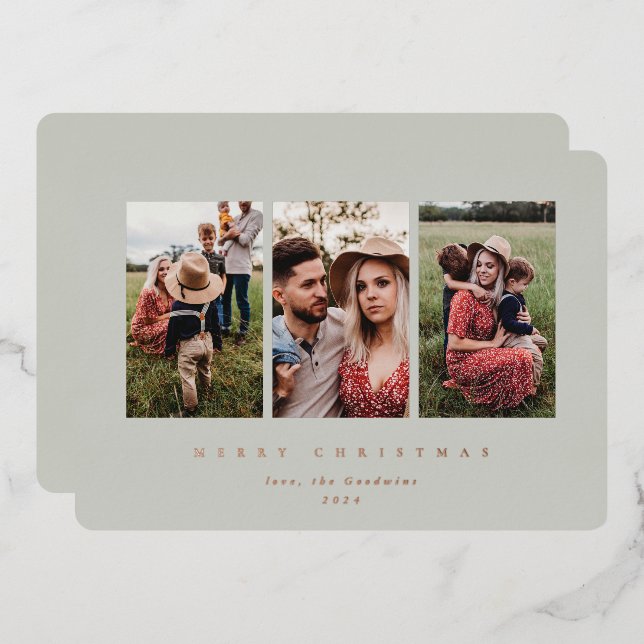 Elegant Minimal Sage Green Frame Triple Photo Foil Holiday Card (Front/Back)