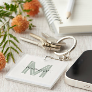 Elegant Minimal Sage Green Script Monogram Key Ring