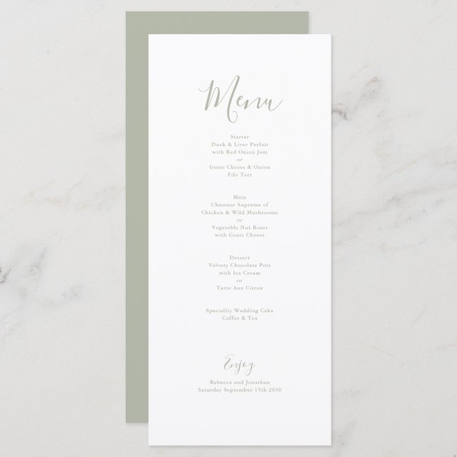 Elegant Minimal Sage Green Wedding Menu Card (Front/Back)