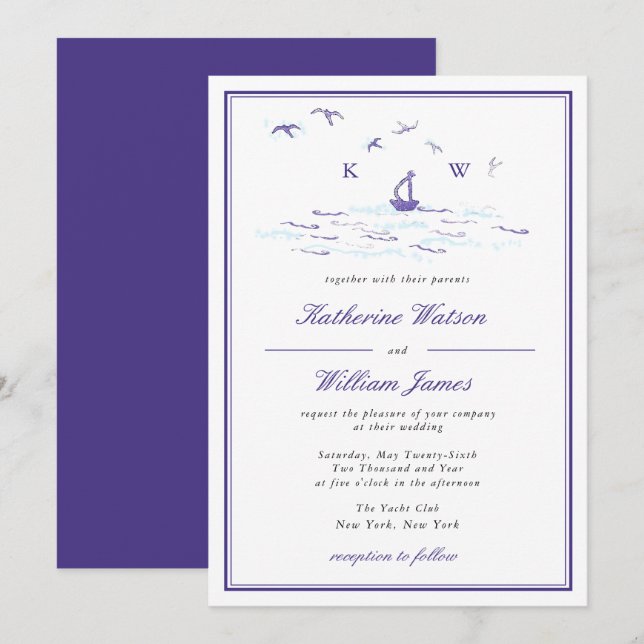 Elegant Minimal Sailboat Print Yacht Club Wedding  Invitation (Front/Back)