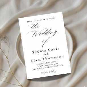 Elegant Minimal Script Black and White Wedding Inv Invitation