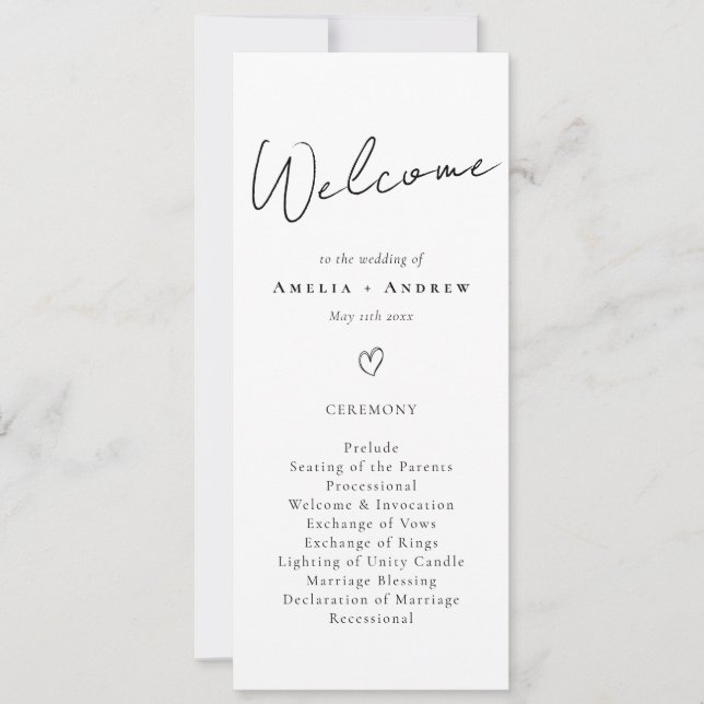 Elegant Minimal Script Black White Wedding Program (Front)