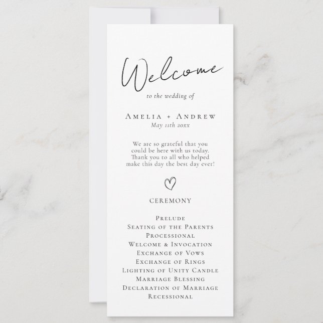 Elegant Minimal Script Black White Wedding Program (Front)