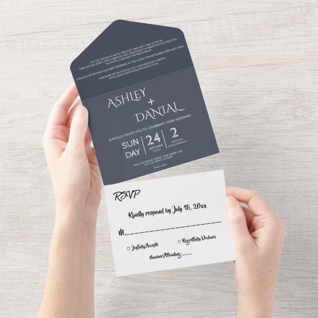 Elegant Minimal Script Dusky Blue Modern Wedding All In One Invitation (Tearaway)