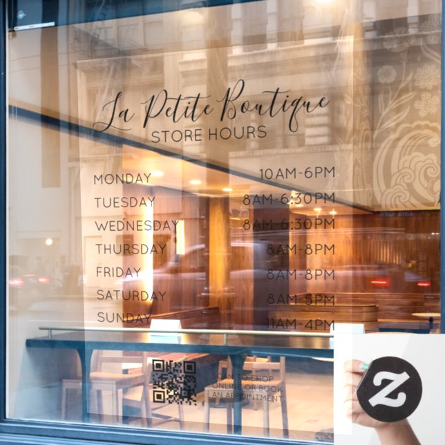 Elegant Minimal Script Store Hours QR code Window Cling (Cafe Window)