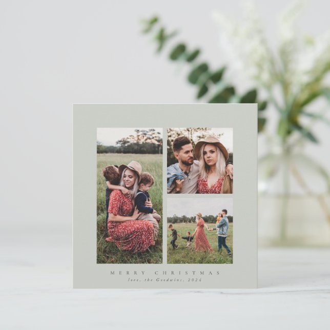Elegant Minimal Square Triple Photo Holiday Card (Standing Front)