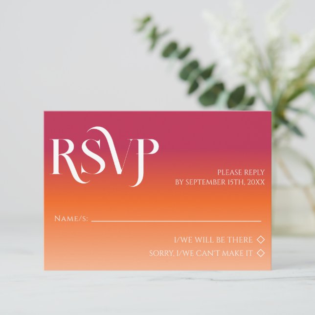 Elegant Minimal Sunset Gradient Maroon RSVP Card (Standing Front)